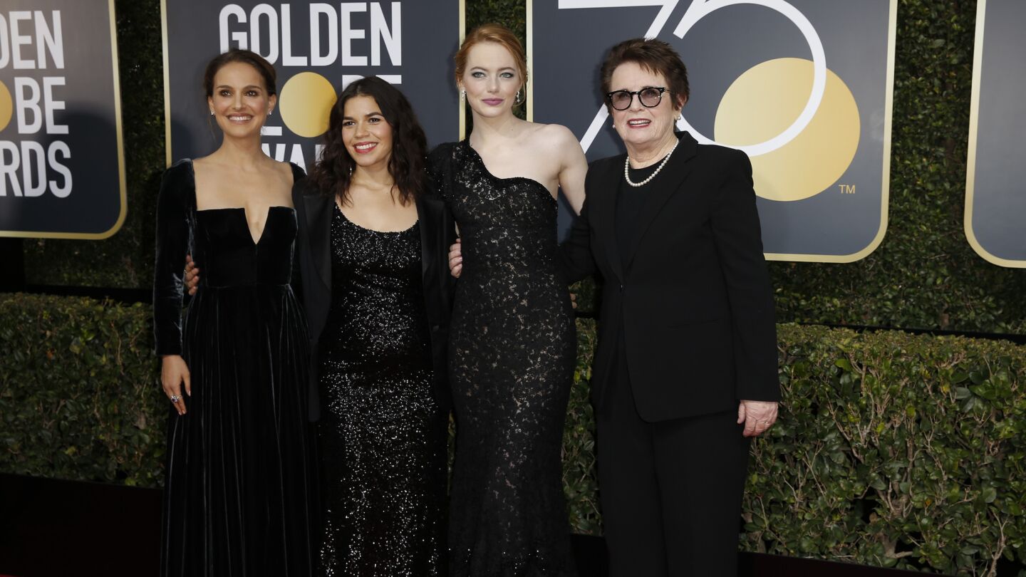 Actors Natalie Portman, left, America Ferrera and Emma Stone, and former tennis player Billie Jean King, right