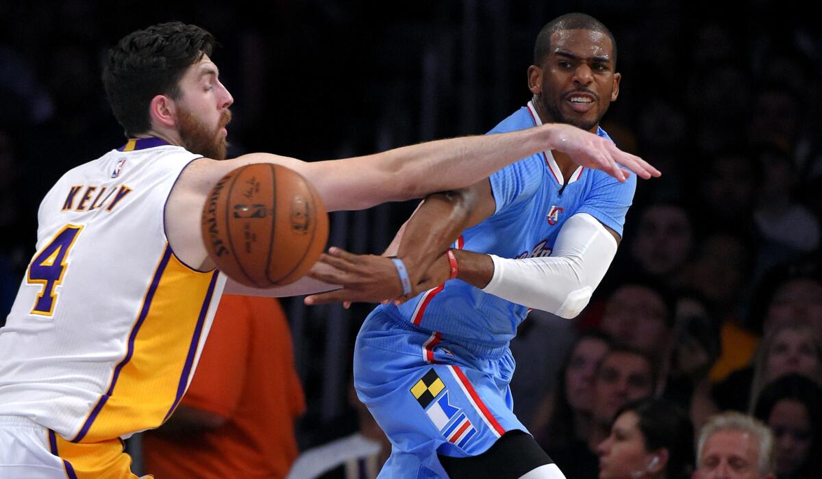Clippers point guard Chris Paul flips a pass around Lakers forward Ryan Kelly in the first half Sunday night at Staples Center.