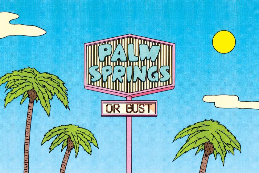 Illustration of palm trees, clouds, a sun and a vintage hotel sign that says "Palm Springs or bust"