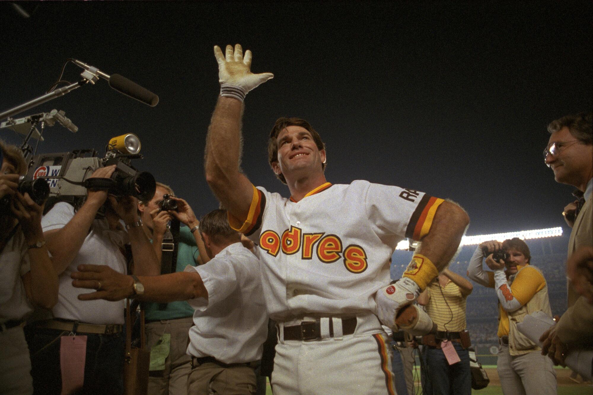 Steve Garvey waves while sporting the Padres' uniform from 1984, when they went to the World Series.