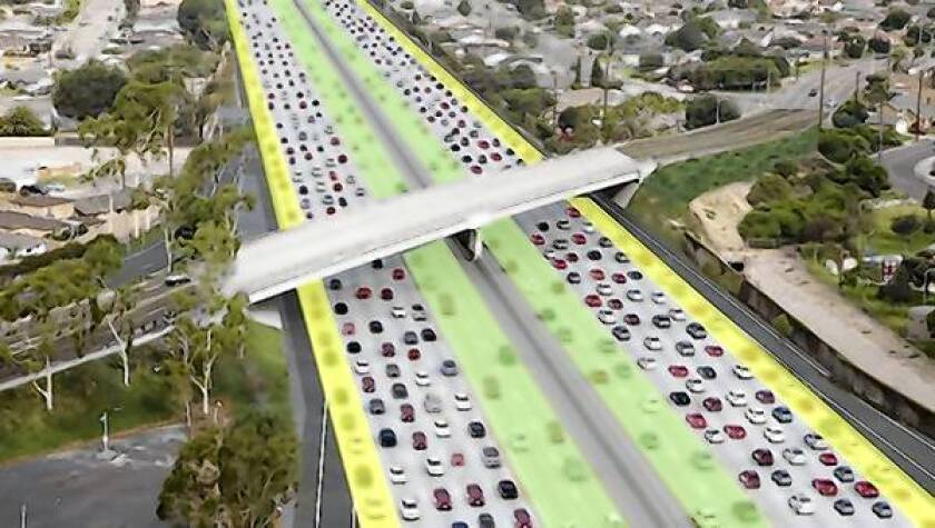 This is a rendering of Alternative 3, which adds an express lane with the existing carpool lane to the San Diego (405) Freeway. The Springdale Street overpass in Westminster is pictured.