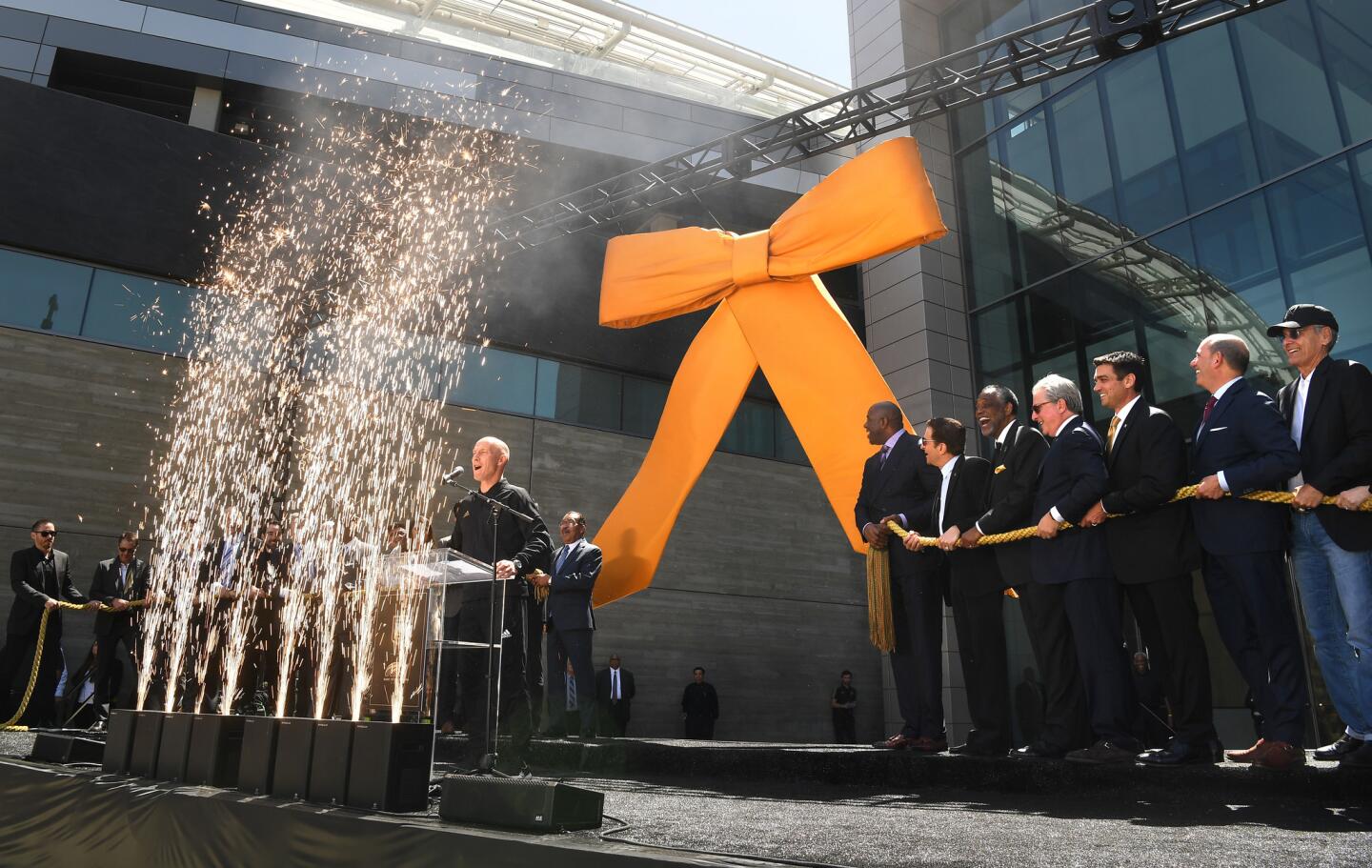 LAFC head coach Bob Bradley welcomes dignitaries outside the Banc of California Stadium for the ribbon cutting on April 18.