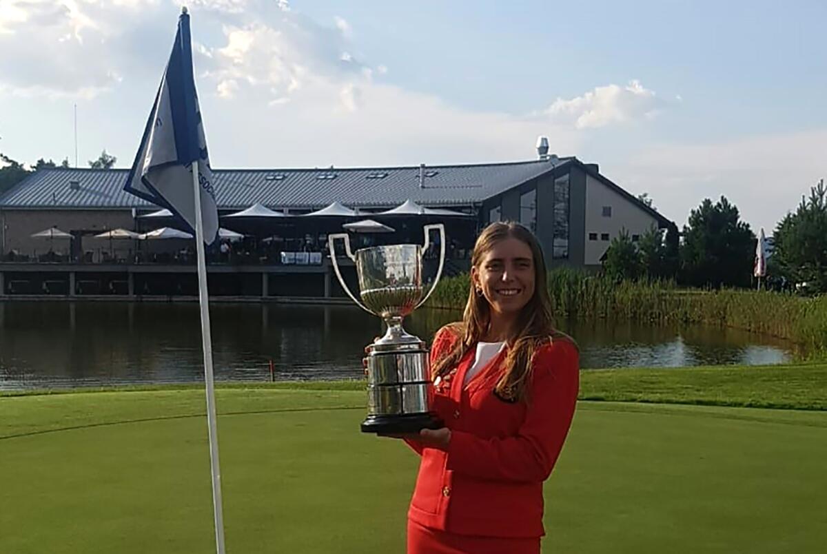 (FILES) In this file handout picture released on September 19, 2018 by the Spanish Royal Golf Federation shows Spanish golfer Celia Barquin Arozamena holding the trophy of the European ladies Amateur Champion. - A homeless man who murdered champion Spanish college golfer Celia Barquin Arozamena after attacking her on a golf course in Iowa last year was jailed for life on August 23, 2019. (Photo by Handout / Spanish Royal Golf Federation / AFP) / RESTRICTED TO EDITORIAL USE - MANDATORY CREDIT "AFP PHOTO / "SPANISH ROYAL GOLF FEDERATION HANDOUT" - NO MARKETING NO ADVERTISING CAMPAIGNS - DISTRIBUTED AS A SERVICE TO CLIENTSHANDOUT/AFP/Getty Images ** OUTS - ELSENT, FPG, CM - OUTS * NM, PH, VA if sourced by CT, LA or MoD **