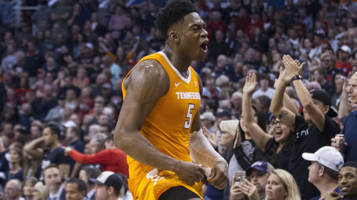 Admiral Schofield celebrates after Tennessee upset Gonzaga in the Colangelo Classic on Sunday.
