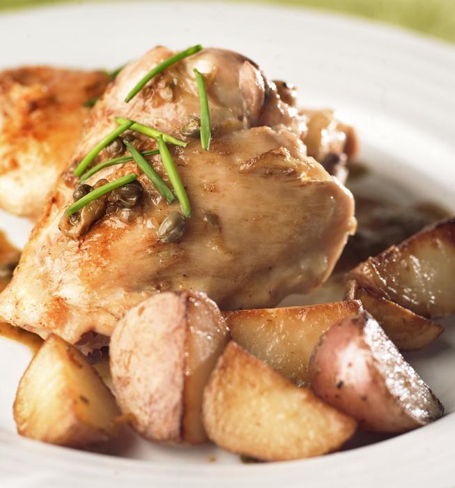 It's dinner in a skillet. Recipe: Braised chicken with capers