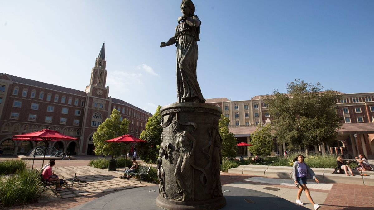 The statue of Hecuba, queen of Troy, on the USC campus in Los Angeles. Under the Republican tax plan, USC and other large private universities could face a 1.4% tax on the investment income earned by their endowments.