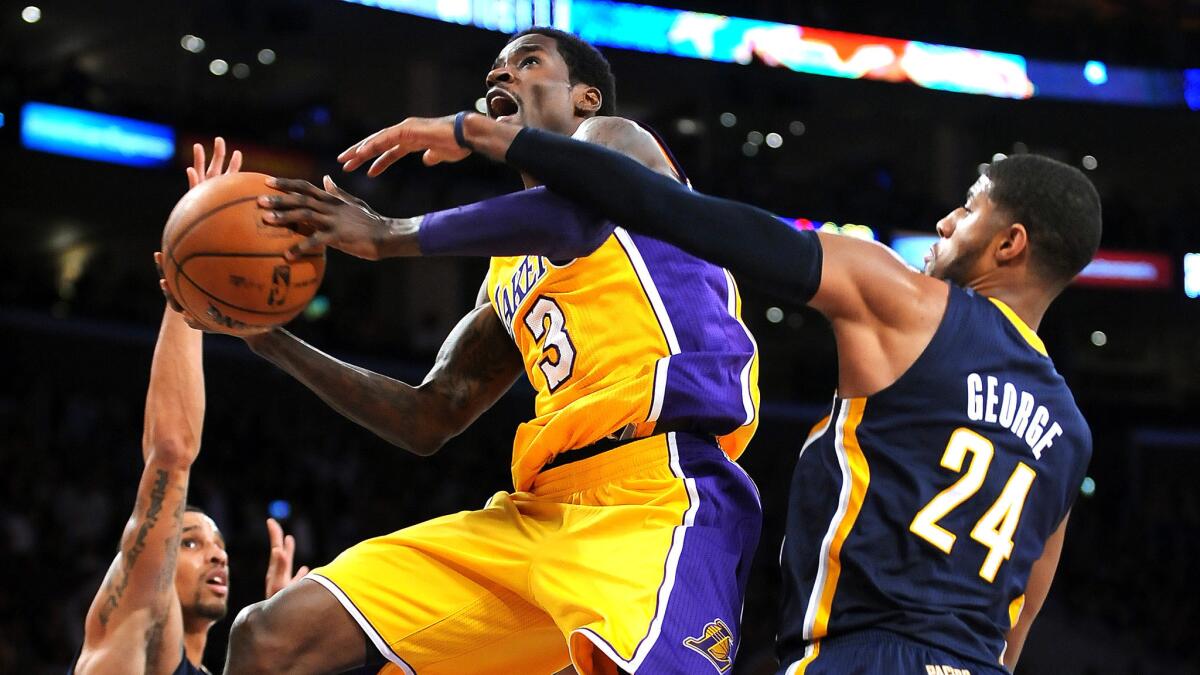 While with the Lakers on a 10-day contract, guard Manny Harris puts up a shot during a loss to the Indiana Pacers last month.