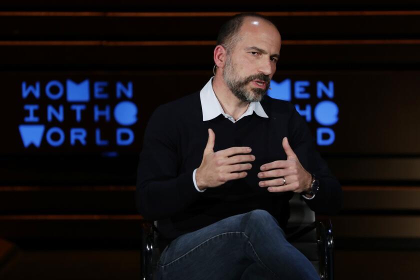 Chief Executive Officer of Uber Dara Khosrowshahi speaks at the ninth annual Women in the World Summit Thursday, April 12, 2018, in New York. (AP Photo/Frank Franklin II)