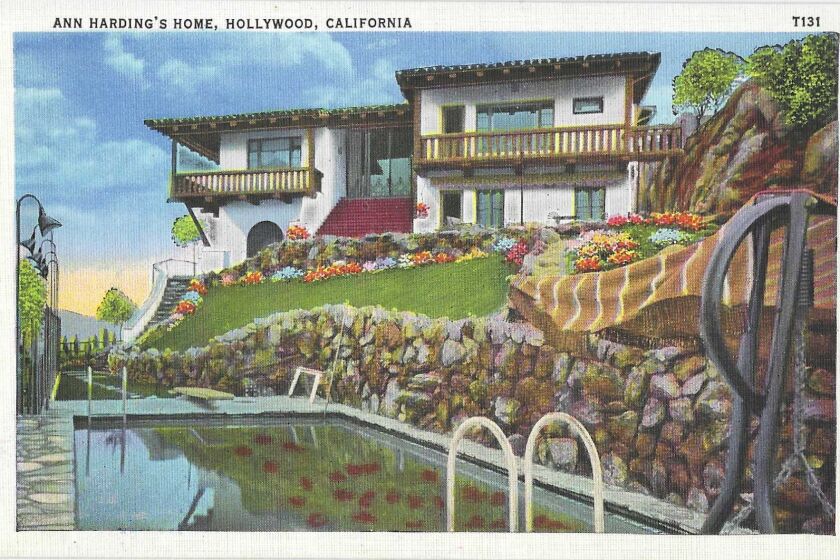 Vintage postcard shows the pool, grounds and home of Hollywood star Ann Harding