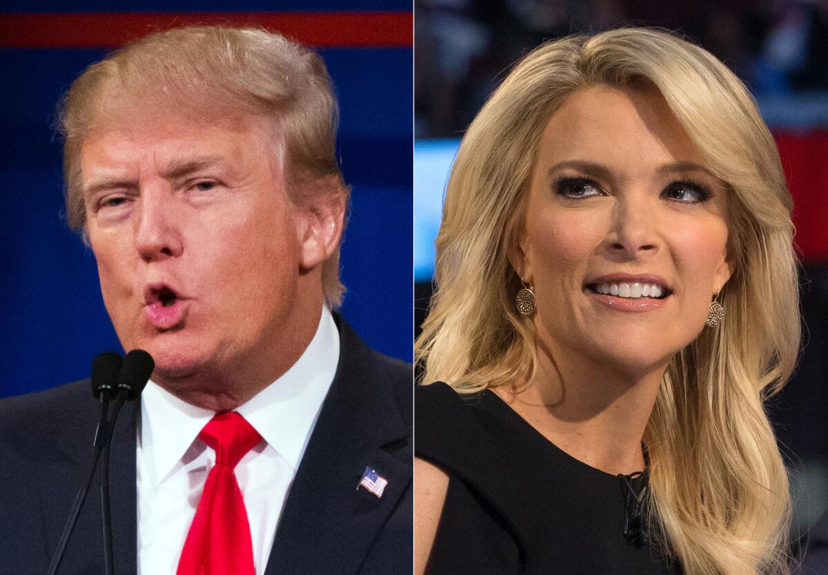 Republican presidential candidate Donald Trump, left, and Fox News Channel host and moderator Megyn Kelly during the first Republican presidential debate at the Quicken Loans Arena in Cleveland.