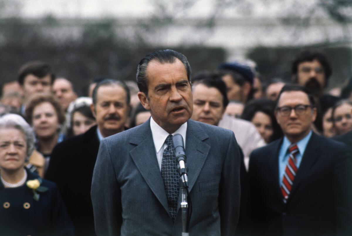President Richard Nixon speaks on the White House lawn prior to his trip to China in 1972.