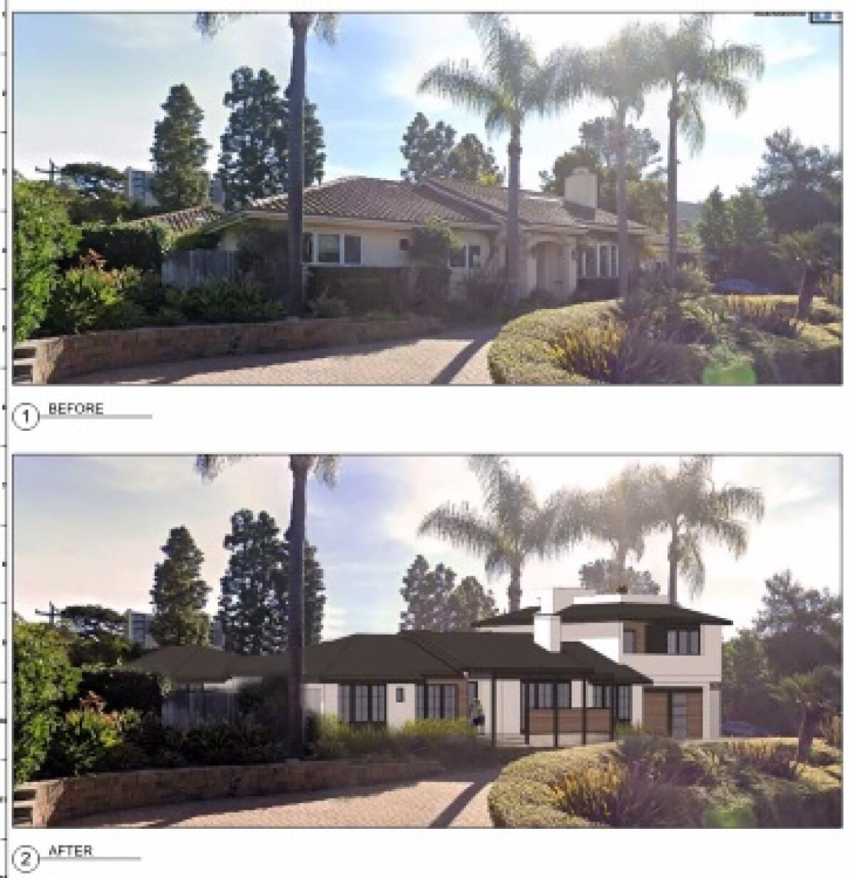 Before-and-after images depict the planned renovation of 7981 Dorado Court in La Jolla Shores.