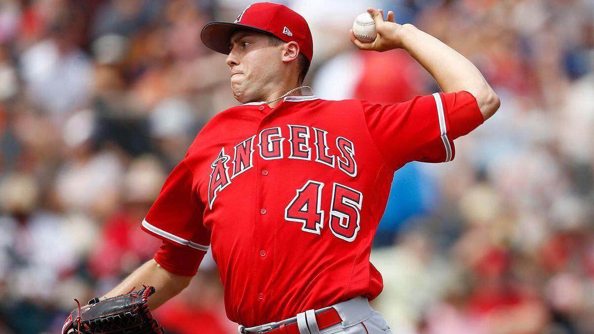 Angels starting pitcher Tyler Skaggs throws a pitch against the San Francisco Giants during the first inning of a spring training game on Wednesday in Scottsdale, Ariz.