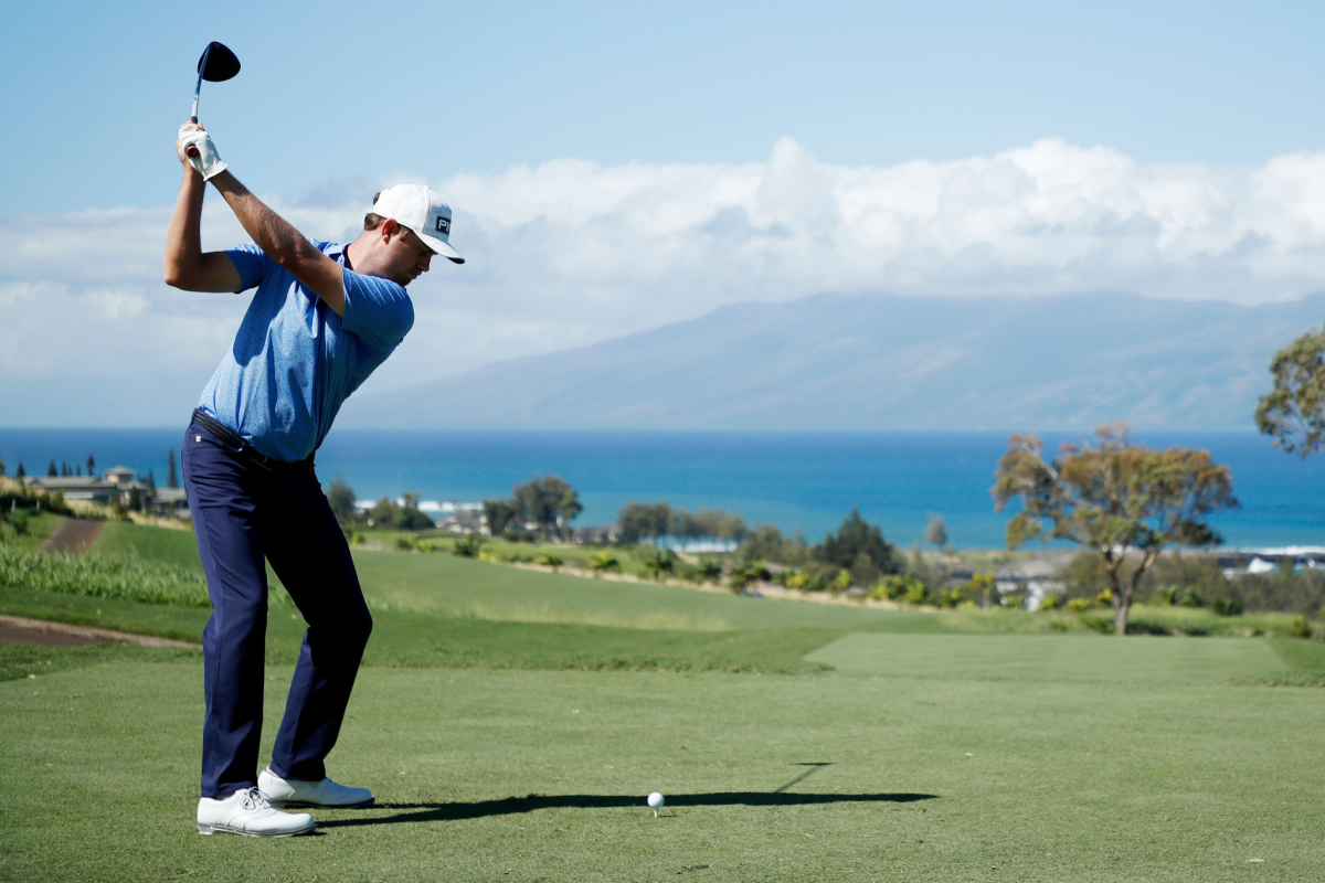 Harris English plays a shot from the seventh tee during the final round of the Sentry Tournament Of Champions.