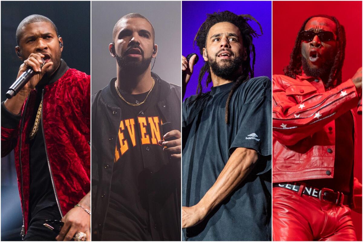 A split image of four different men performing in concert