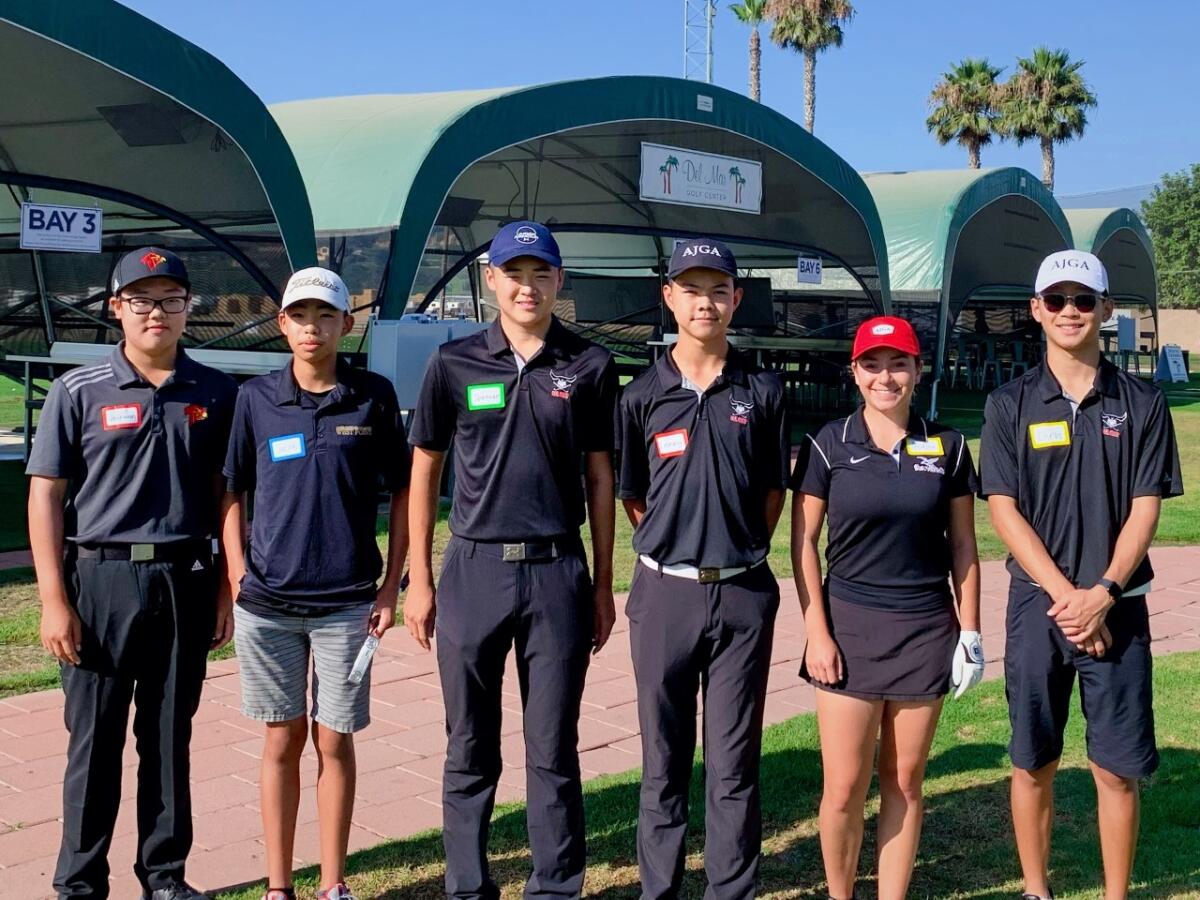 Youth Golf Alliance instructors Johnavon Kim, Jacob Zhang, Spencer Zhang, Kenny Zhang, Sofina Firouzi, Christopher Liu