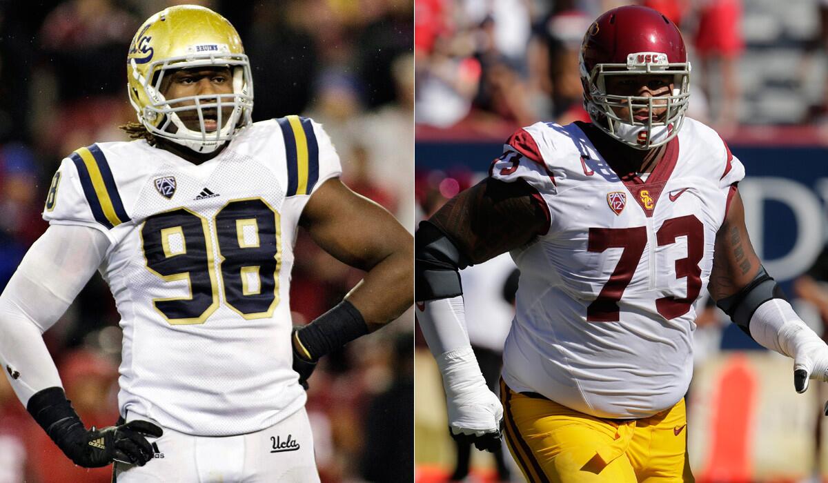 UCLA's Takkarist McKinley, left, and USC's Zach Banner are among the players who will be watched closely by NFL scouts this weekend.