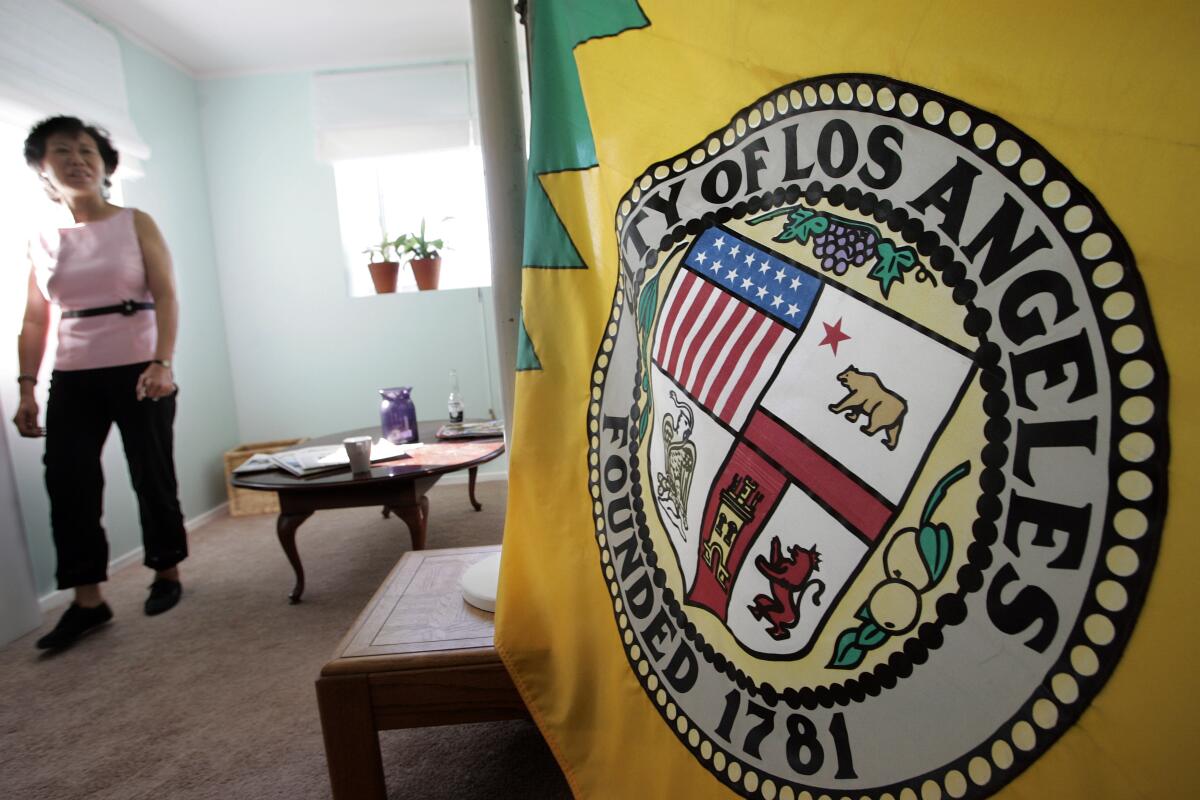 Closeup of the seal on a flag in a carpeted room with a coffee table. In the background a woman walks by.