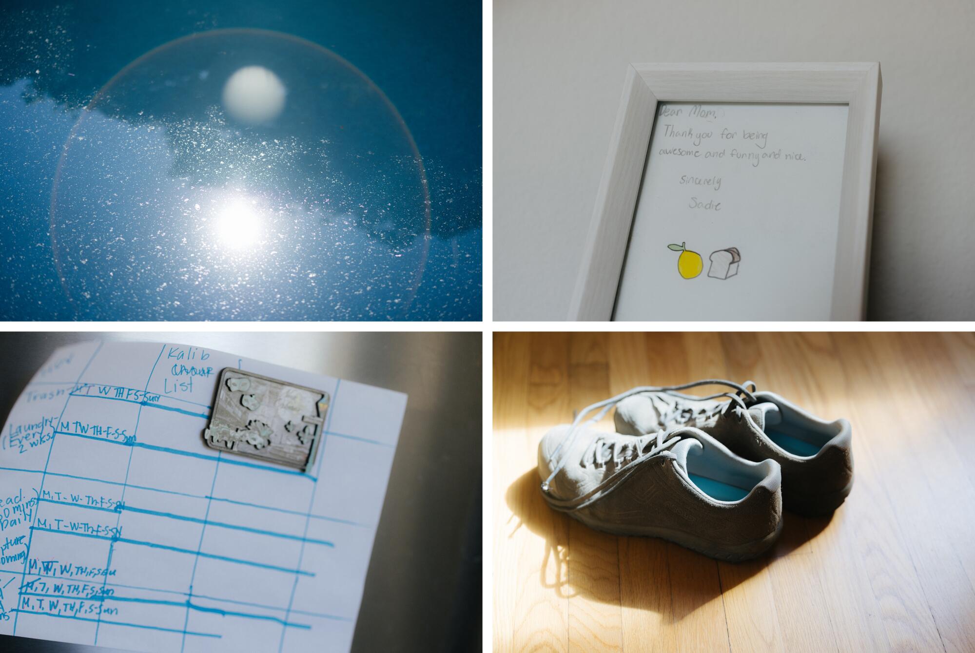 A grid of four photos shows a pool, a handwritten note, a handwritten calendar and a pair of blue sneakers
