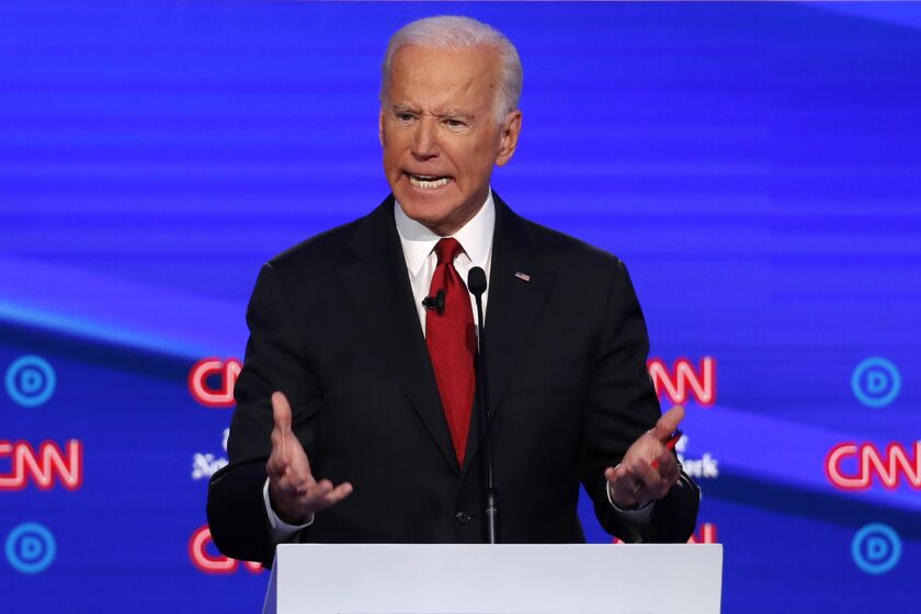 Democratic presidential candidate former Vice President Joe Biden speaks during a Democratic presidential primary debate hosted by CNN/New York Times at Otterbein University, Tuesday, Oct. 15, 2019, in Westerville, Ohio. (AP Photo/John Minchillo)