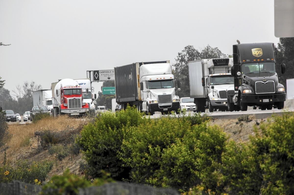 Traffic flows along the 60 Freeway in Ontario.