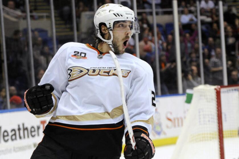 Ducks center Mathieu Perreault celebrates a goal against the New York Islanders in December. Perreault hopes the Ducks do not make the mistake of underestimating their opponents in the playoffs.