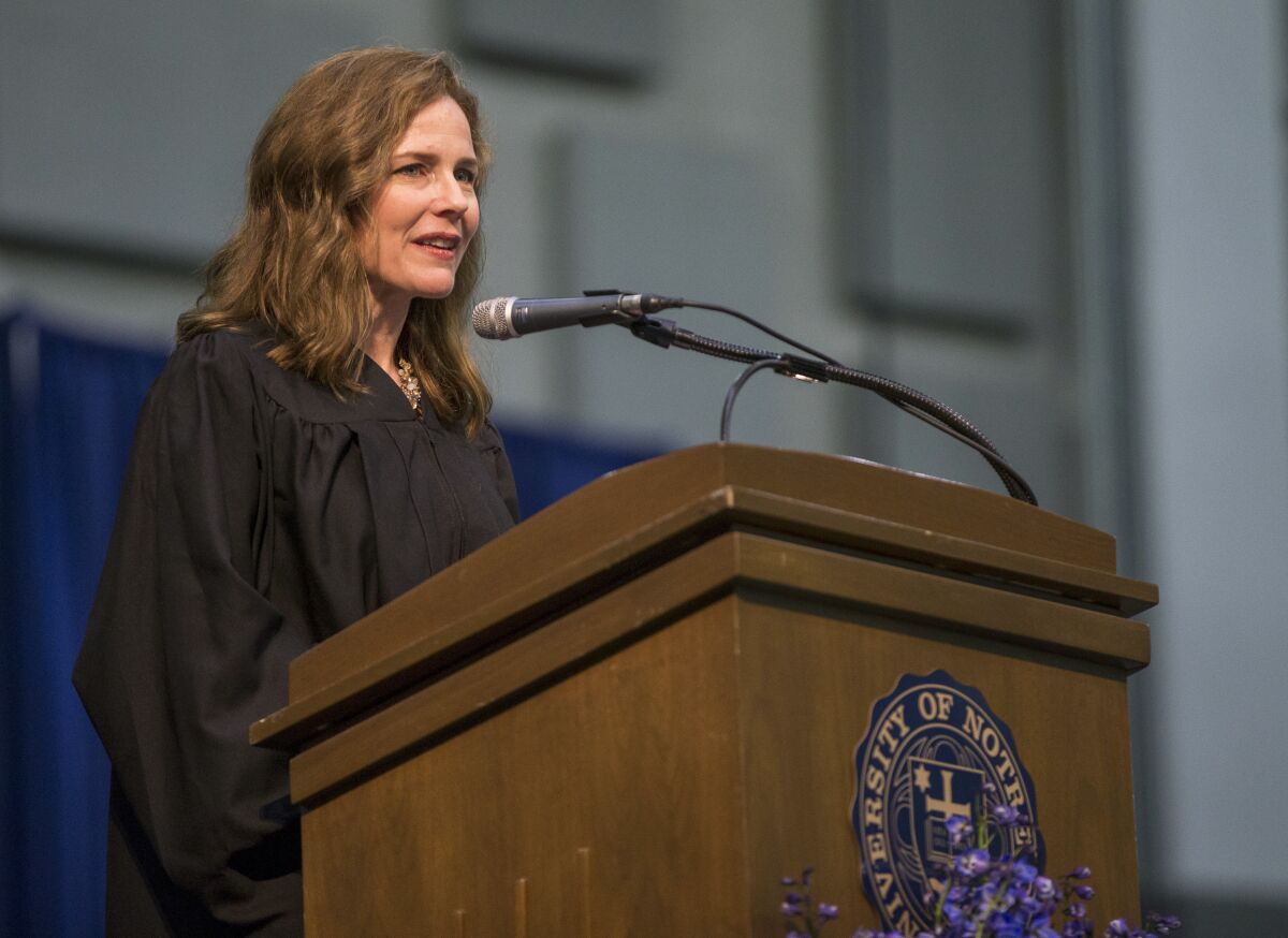 Amy Coney Barrett at Notre Dame Law School's commencement ceremony in 2018. 