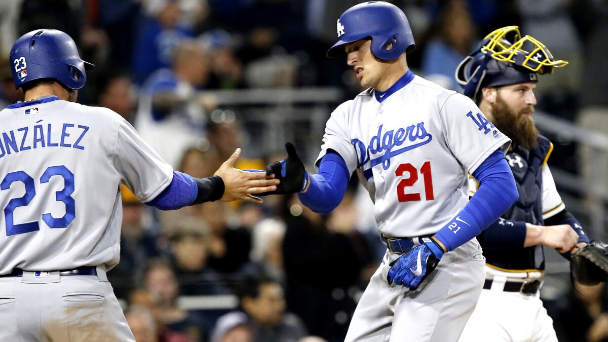 Dodgers left fielder Trayce Thompson is congratulated by first baseman Adrian Gonzalez after hitting a two-run home run against the Padres on Saturday night.