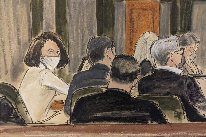 In this courtroom sketch, Ghislaine Maxwell sits at the defense table during final stages of jury selection, Monday, Nov. 29, 2021, in New York. Two years after Jeffrey Epstein's suicide behind bars, a jury is set to be picked Monday in New York City to determine a central question in the long-running sex trafficking case: Was his longtime companion, Ghislaine Maxwell, Epstein's puppet or accomplice? (AP Photo/Elizabeth Williams)