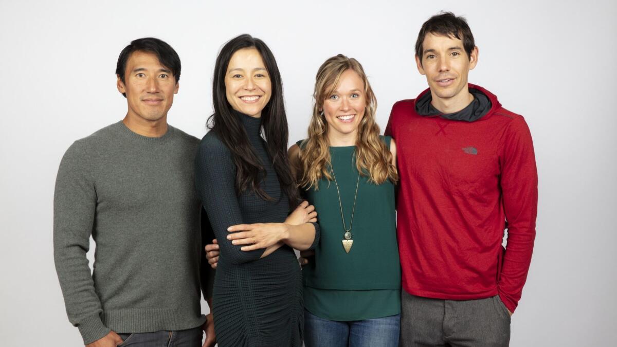 Directors Jimmy Chin and Chai Vasarhelyi, Sanni McCandless and subject Alex Honnold, from the film "Free Solo," photographed in the L.A. Times Photo and Video Studio at the 2018 Toronto International Film Festival.