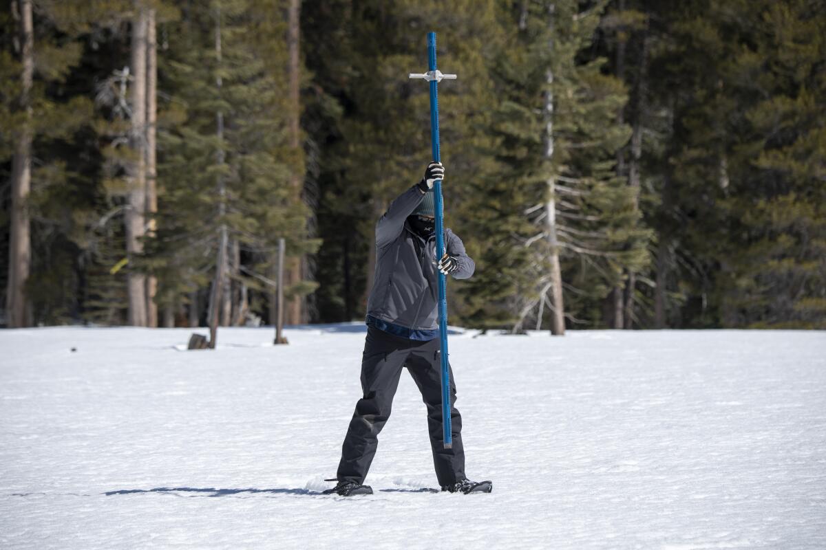 Sean de Guzman conducts the third snow survey of the 2021 season at Phillips Station in the Sierra Nevada.