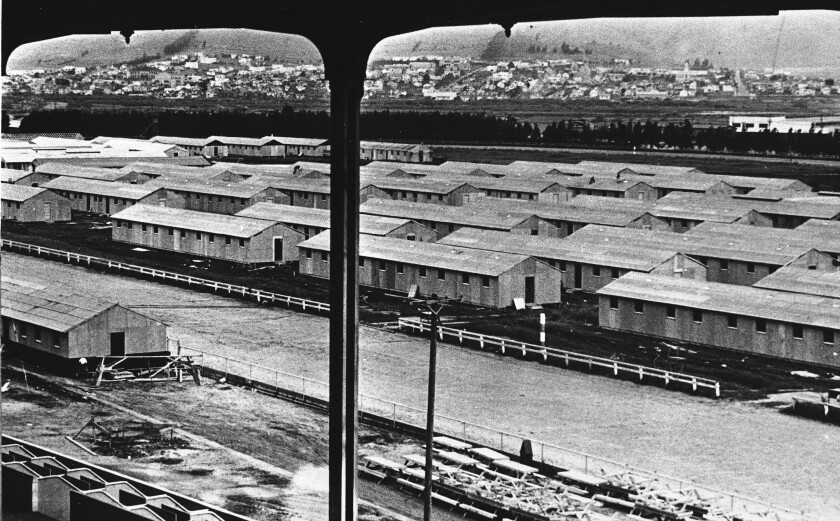 An undated photo shows the Japanese incarceration camp at Tanforan, Calif.
