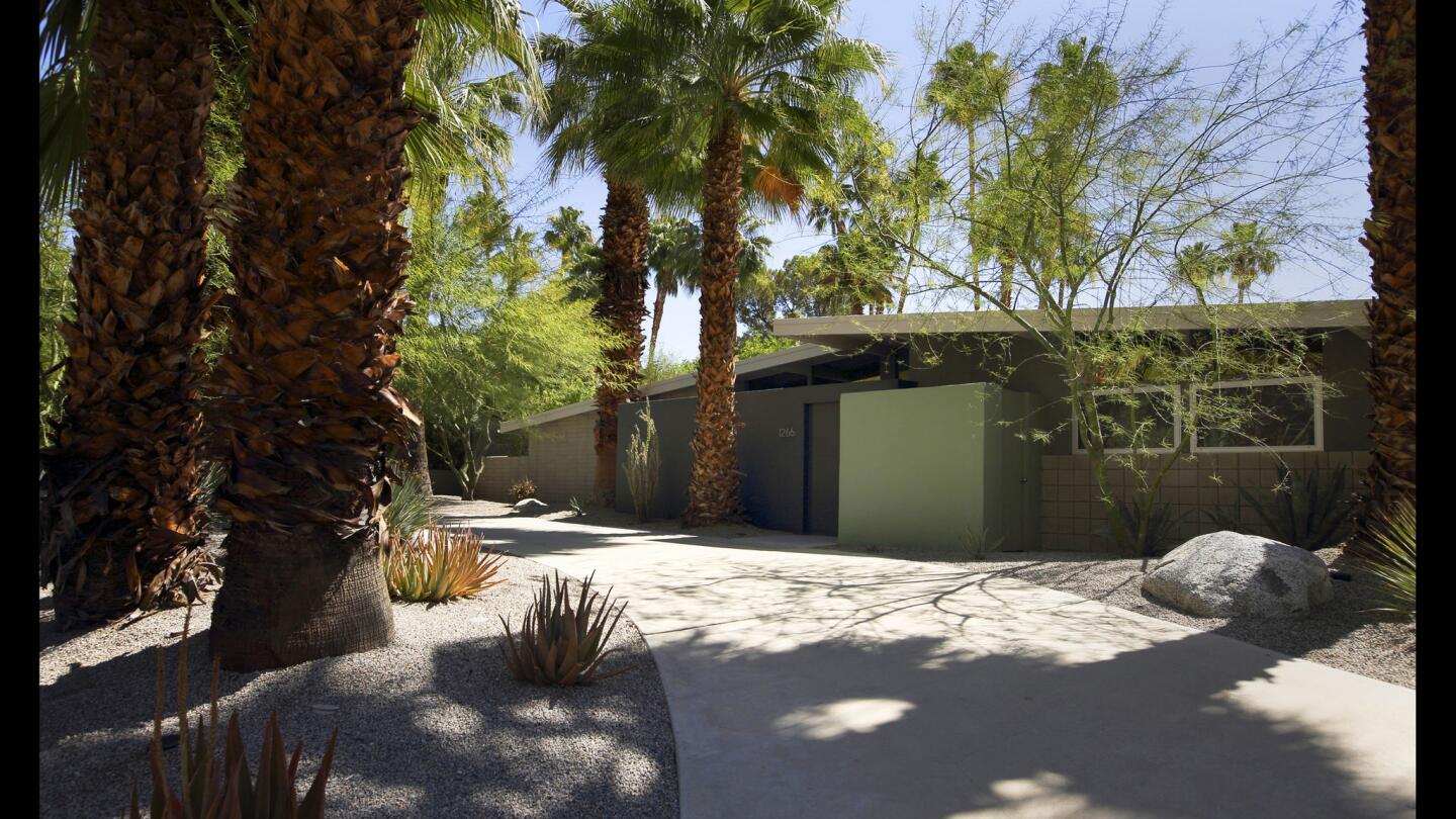 When Rob Hoyt and Emilie Davidson Hoyt of Pasadena get away, chances are they're at their Midcentury home in Palm Springs, designed by William Krisel. The angular roof is one of the 1959 structure's distinctive features.