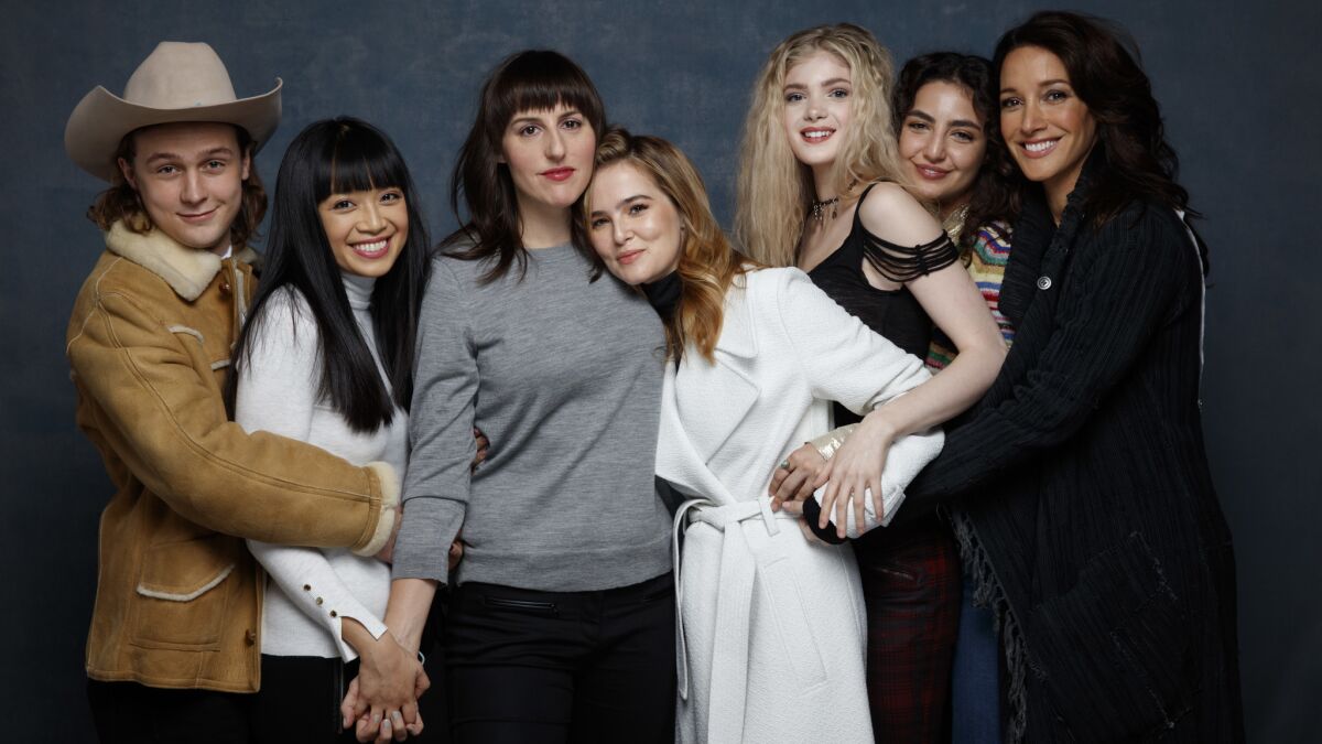 Actor Logan Miller, actress Cynthy Wu, director Ry-Russo Young and actresses Zoey Deutch, Elena Kampouris, Medalion Rahimi and Jennifer Beals from the film "Before I Fall."