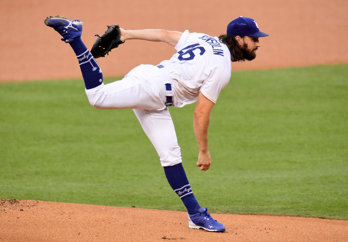 Tony Gonsolin pitches against the Angels on Sept. 26.