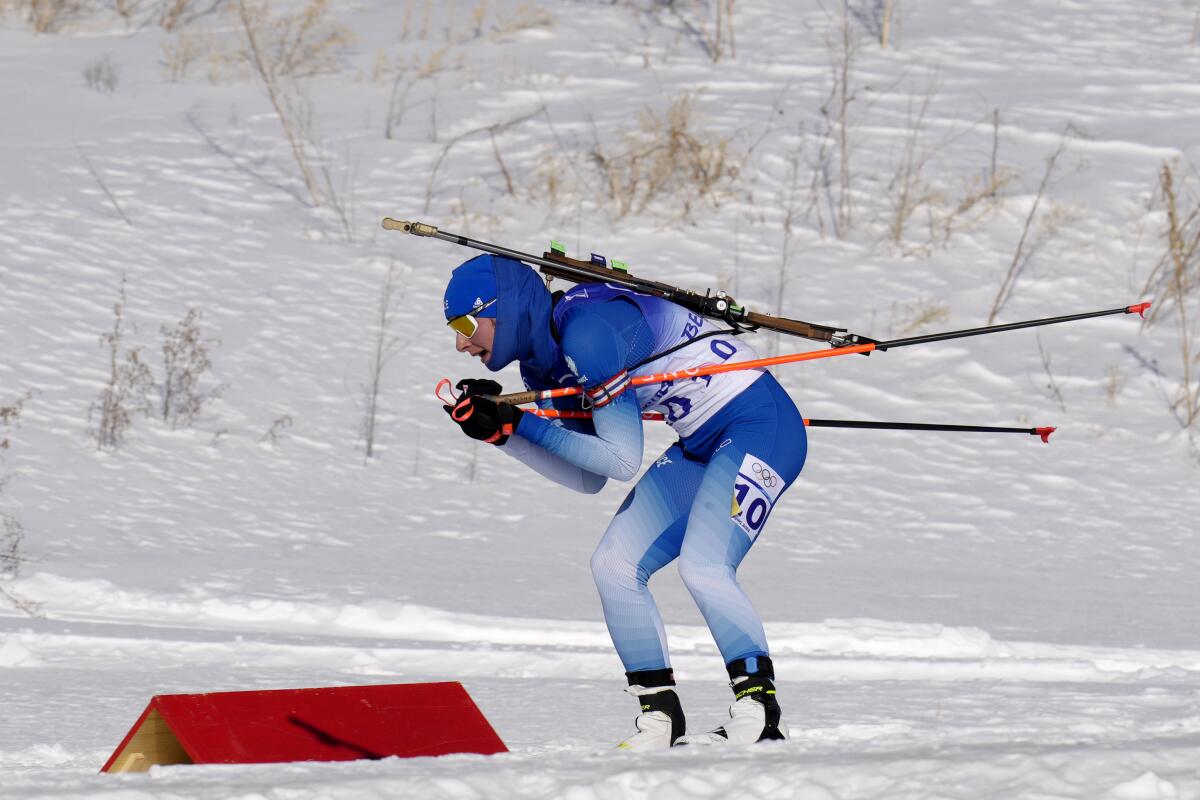 Justine Braisaz-Bouchet of France skis during the women's 12.5-kilometer mass start biathlon.