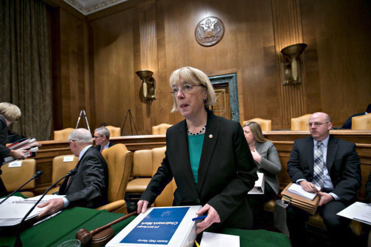 Sen. Patty Murray (D-Wash.), chair of the Senate Budget Committee, prepares for the committee to debate her proposed budget resolution for fiscal 2014 on Capitol Hill on Thursday.