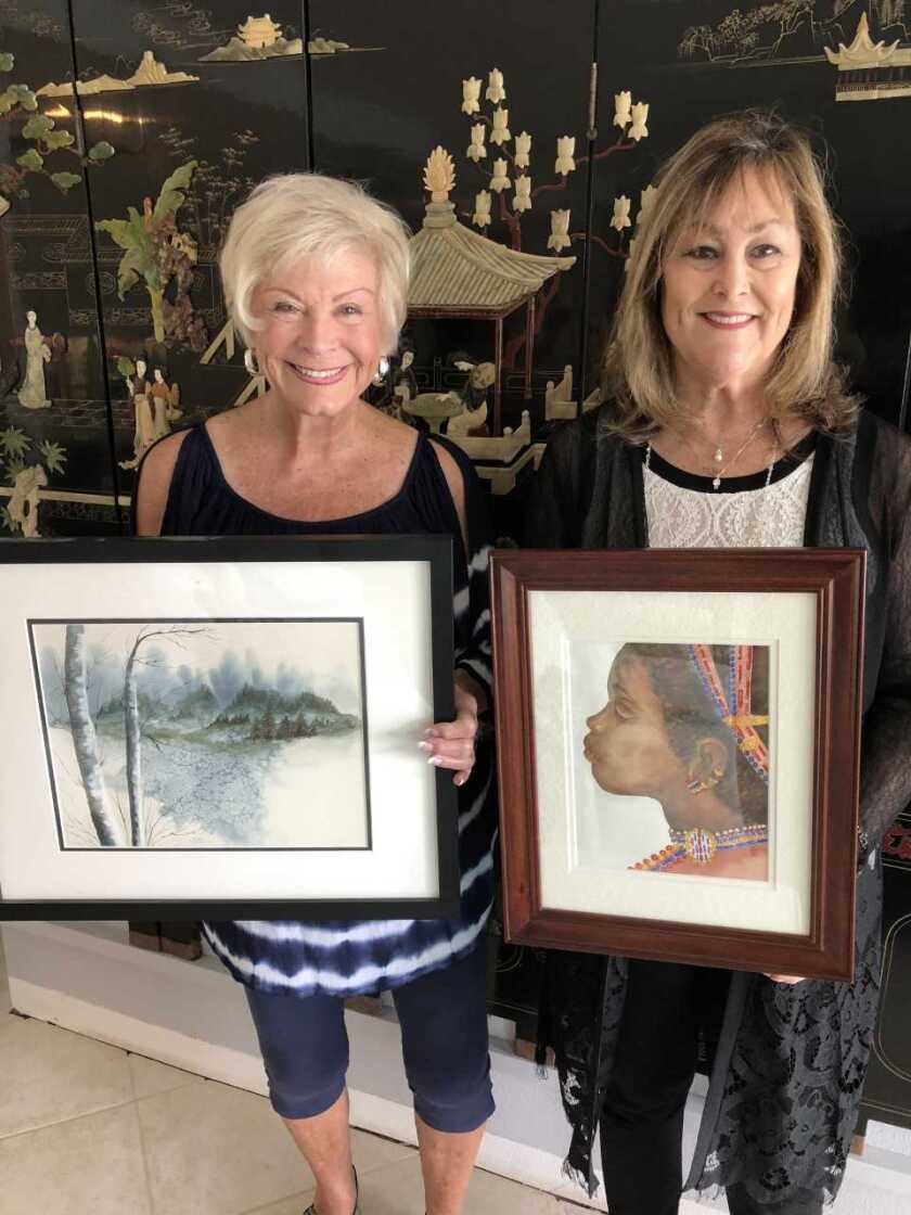 A "Sip and Paint" fundraiser to benefit the Brother Benno's Foundation will be held on 1 to 4 p.m. Aug. 5 at 1327 Broken Hitch Road, Oceanside. Julee Jobe an award winning artist, instructor and gallery owner will teach techniques to create a watercolor color painting that will be ready to frame and hang on your wall. The fee for the class, wine and snacks is $60, materials included. Reserve by Aug. 1 by texting (619) 218-1172 or calling 760 434-1050. Mail registration and fee to Brother Benno's Auxiliary P.O. Box 334 San Luis Rey, Calif. 92068. From left, Karen Gallagher co-chair of "Sip and Paint " fundraiser with award-winning artist Julee Jobe and Jobe' s watercolor paintings.