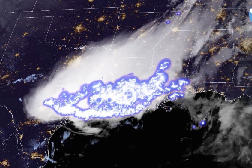 This satellite image provided by the National Oceanic and Atmospheric Administration shows a thunderstorm complex which was found to contain the longest single flash that covered a horizontal distance on record, at around 768 kilometers (477 miles) across parts of the southern United States on April 29, 2020. Two stormy parts of the Americas set records for longest lightning flashes back in 2020, the World Meteorological Organization said Monday, Jan. 31, 2022. (NOAA via AP)