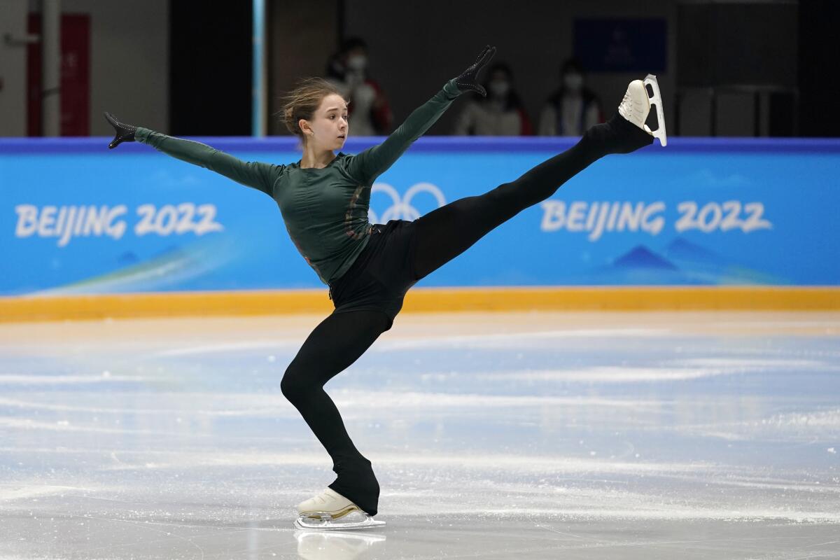 Kamila Valieva of the Russian Olympic Committee trains in Beijing on Thursday.