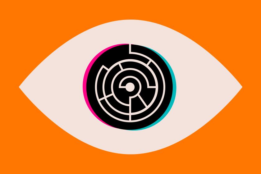 A maze inside the pupil of an eye.  The pupil has offset magenta and cyan in the style of TikTok.
