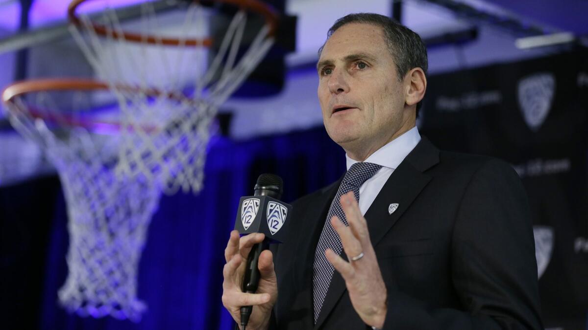 Pac-12 Commissioner Larry Scott speaks during the conference's college basketball media day in October. The current tax filing showed Scott’s annual salary rising above $5 million for the 2017 calendar year.