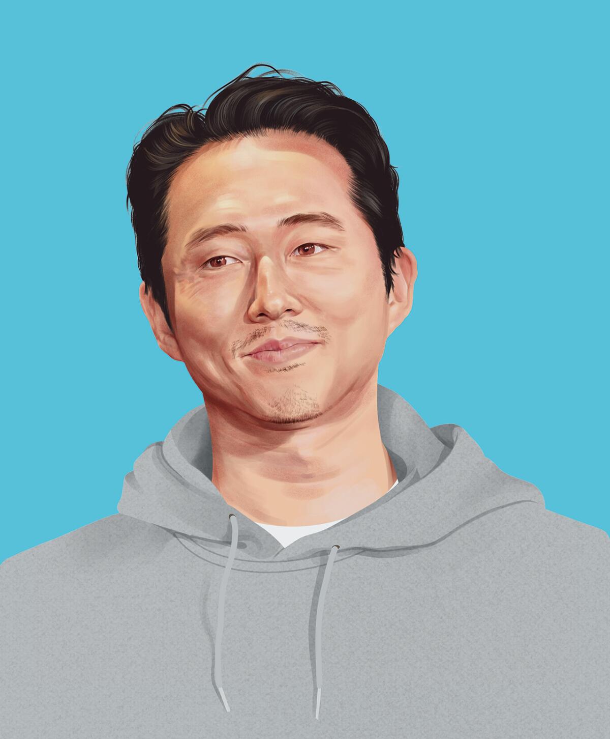An illustration of actor Steven Yeun wearing a hoody.