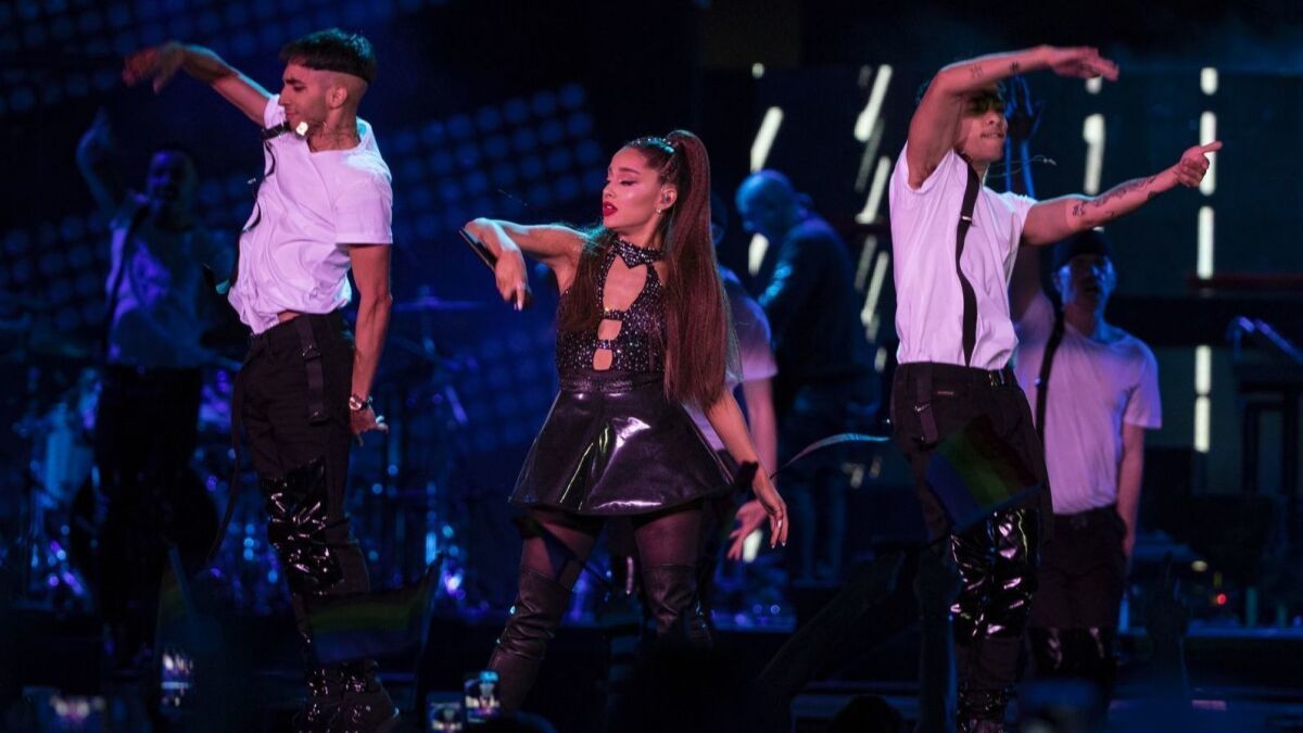 Ariana Grande performs Saturday night during KIIS-FM's Wango Tango concert at the Banc of California Stadium.