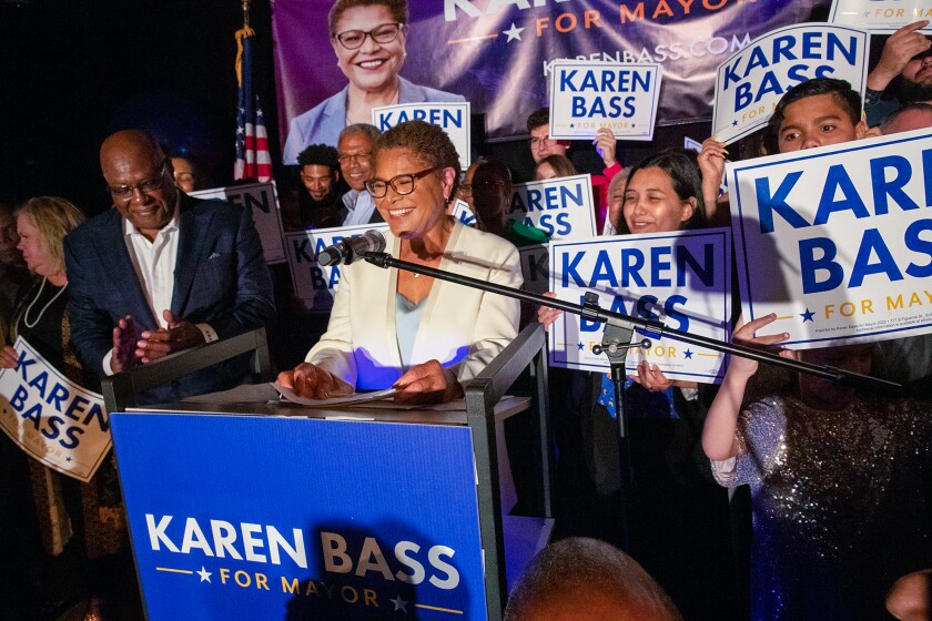 Rep. Karen Bass speaks at her election night party on Tuesday.