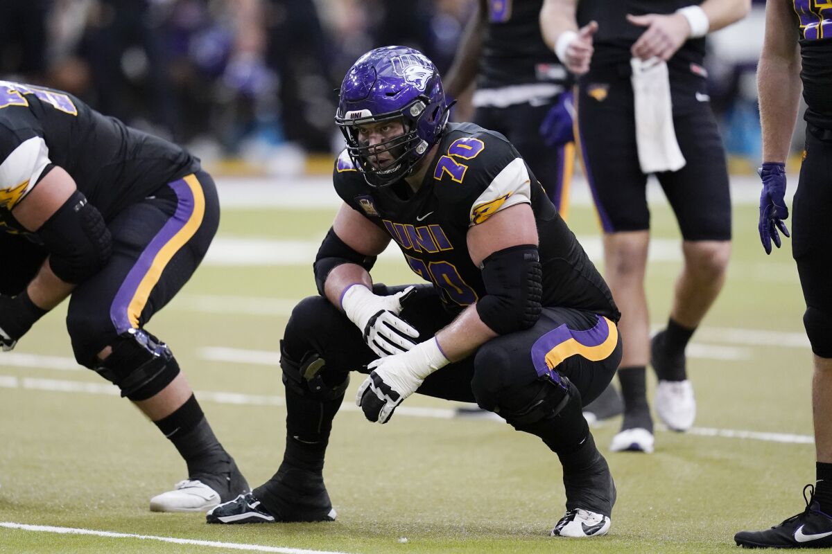 Northern Iowa offensive lineman Trevor Penning (70) gets set before a play against Southern Illinois in October.