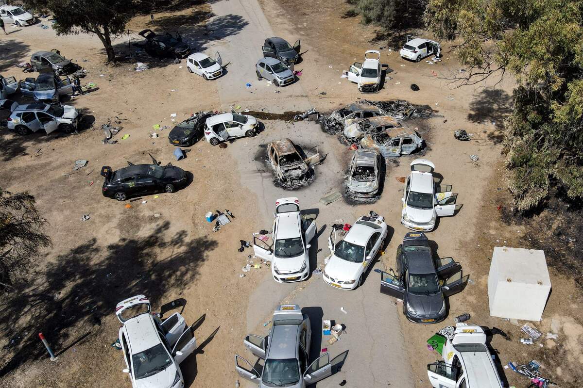 Abandoned and torched vehicles at the site of the Oct. 7 attack by Hamas militants are seen in an aerial photo.