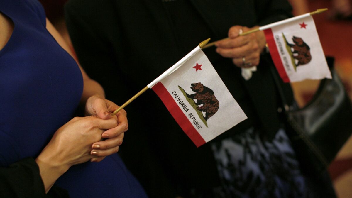 Close-up shot of two people holding miniature California flags