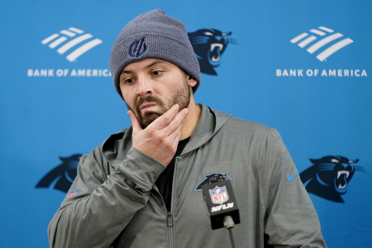 Baker Mayfield takes part in a news conference after a game between the Carolina Panthers and the Baltimore Ravens.