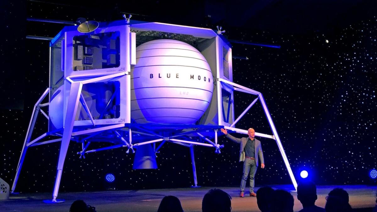 Jeff Bezos unveils Blue Moon, a lunar landing vehicle, during a Blue Origin event in Washington, D.C., on Thursday.